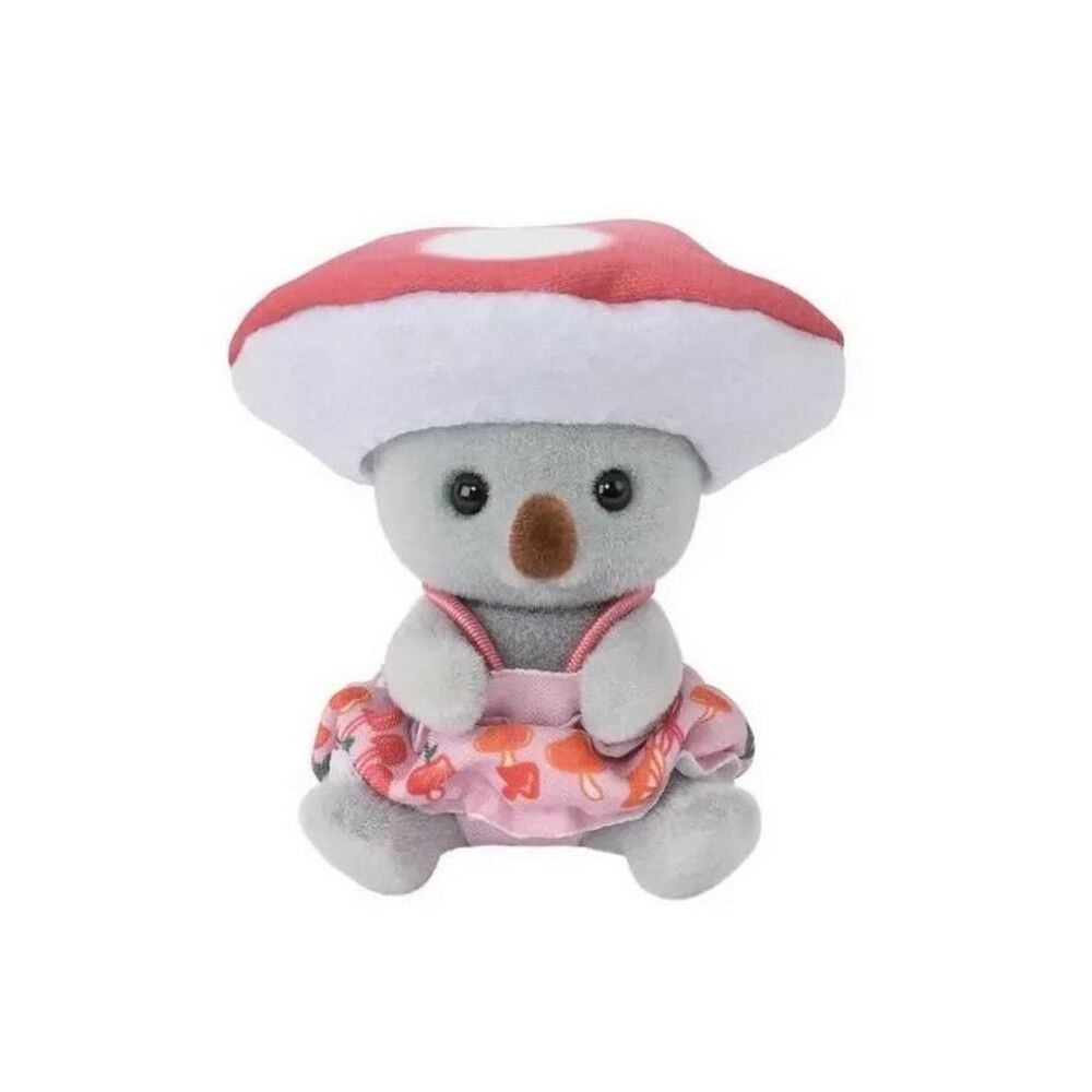 A plush koala toy wearing a red and white mushroom cap and a pink floral tutu, centered on a plain white background.