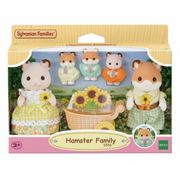 Sylvanian Families Hamster Family 5956 toy set in its original packaging, featuring plush hamster figures, a sunflower cart, and matching clothing accessories.