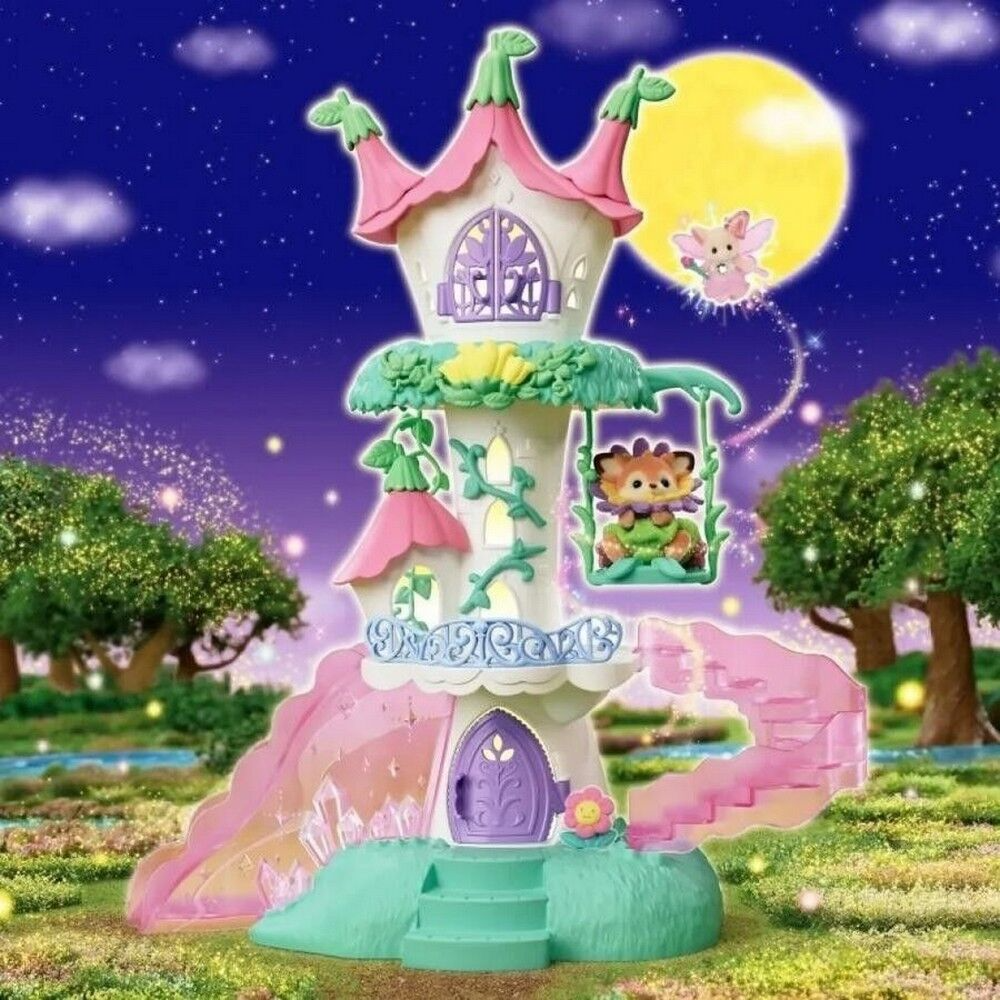 Toy castle with slide and teddy bear in a fantasy landscape