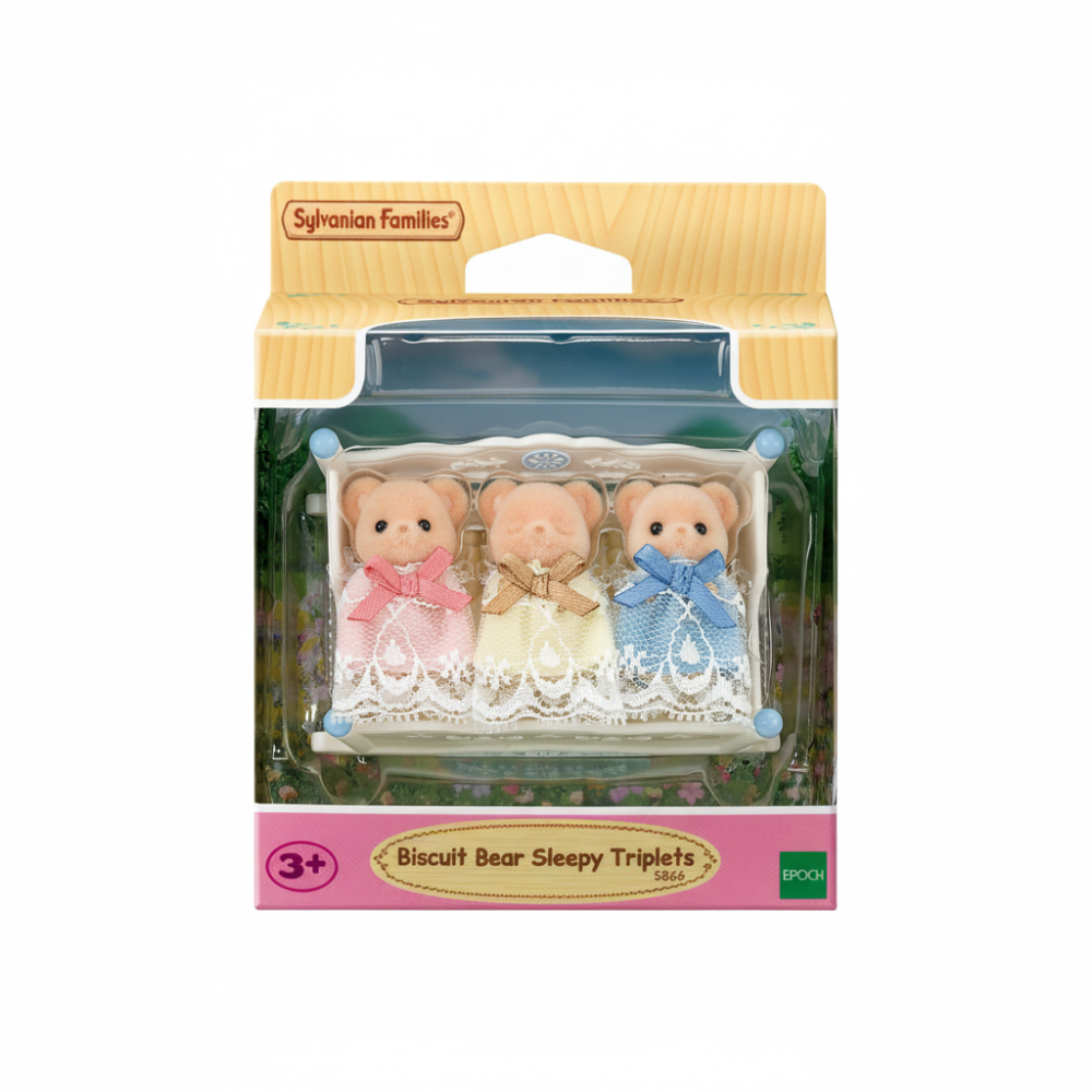 Sylvanian Families Biscuit Bear Sleepy Triplets toy set in its original retail packaging, featuring three small plush bear figures dressed in pink, cream, and blue outfits.