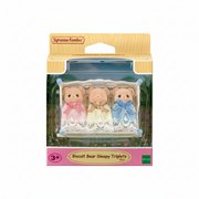 Sylvanian Families Biscuit Bear Sleepy Triplets toy set in its original retail packaging, featuring three small plush bear figures dressed in pink, cream, and blue outfits.