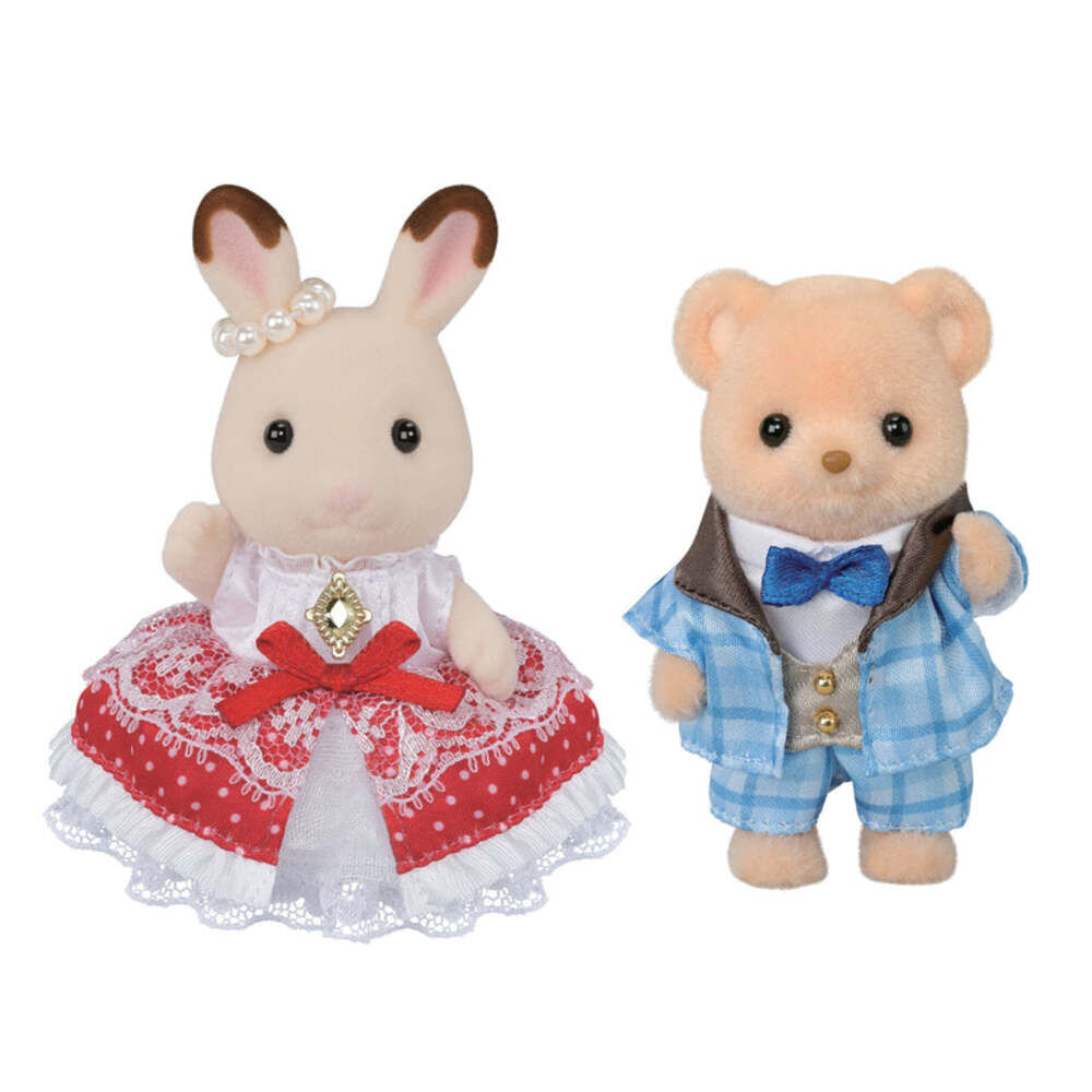 Two plush toys, a rabbit and a bear, dressed in formal attire on a white background.