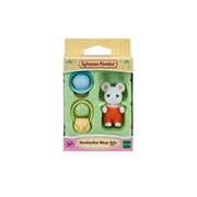 Sylvanian Families Marshmallow Mouse Baby Shoes set in its original packaging, featuring a small white mouse figure in orange shoes and accessories inside a light green and yellow box.