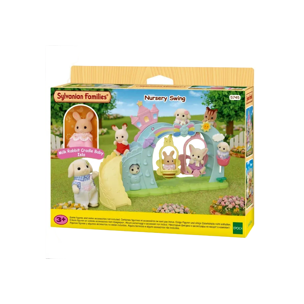 Sylvanian Families Nursery Swing toy set in its original retail packaging, featuring plush rabbit and pig characters with a pastel-colored swing playhouse, slide, and accessories.