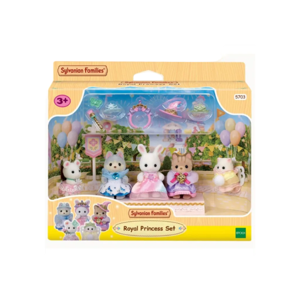 Sylvanian Families Royal Princess Set toy kit in its original retail packaging, featuring four animal characters in princess outfits with a pink carriage and balloons.