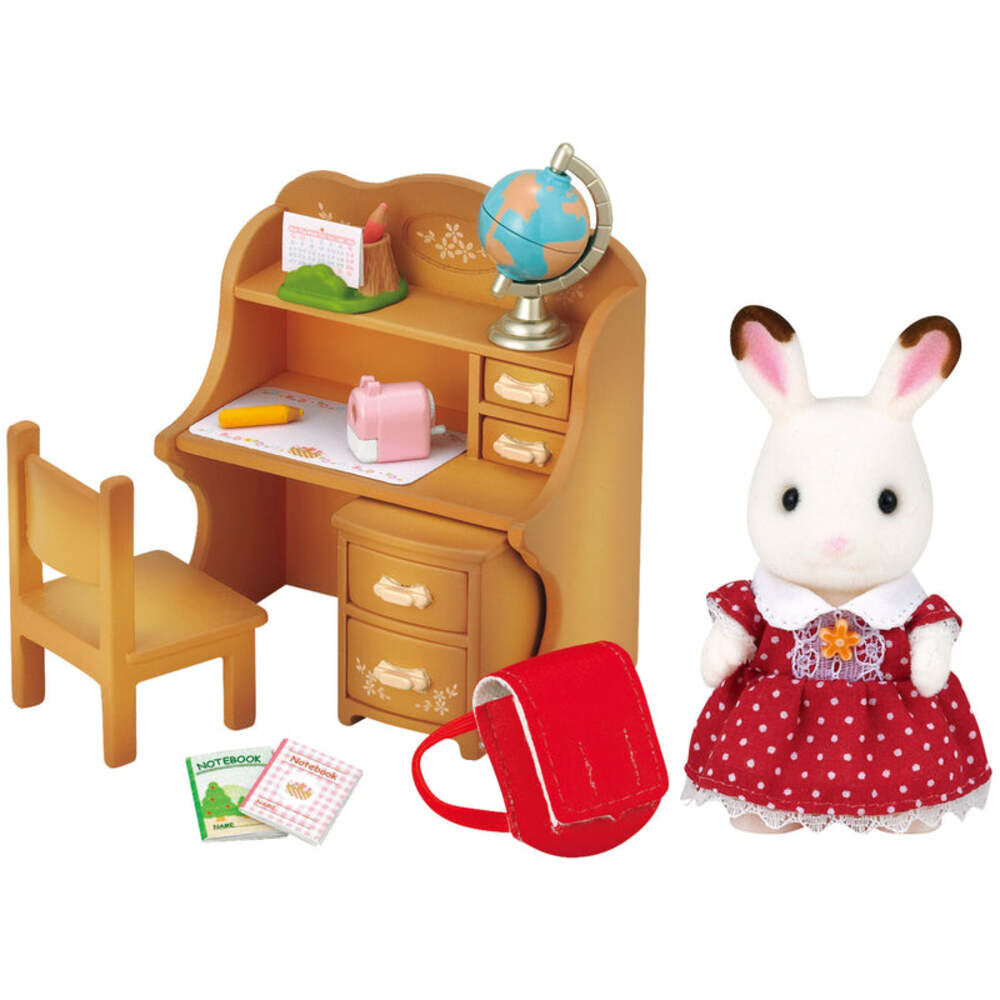 A Calico松鼠-style dollhouse furniture set featuring a tan wooden desk with drawers, a matching chair, a globe, books, a pink mailbox, and a red backpack, alongside a white rabbit doll wearing a red polka-dot dress on a plain white background.