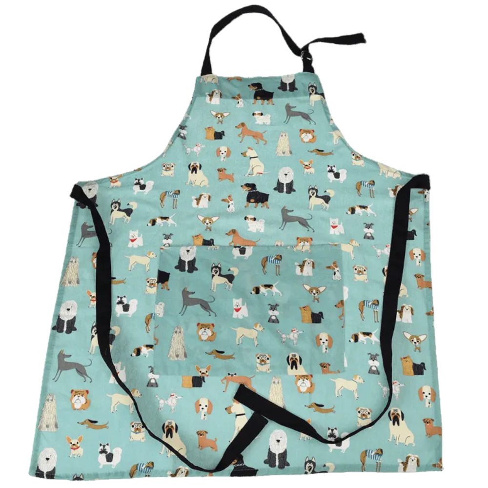 A light blue apron with an all-over print of various dog illustrations, featuring black neck and waist straps, displayed on a solid white background.