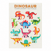 A package of dinosaur temporary tattoos featuring colorful cartoon dinosaurs on a light beige background with a subtle leaf pattern. The text at the top reads 'DINOSAUR TEMPORARY TATTOOS' in orange and dark gray lettering.