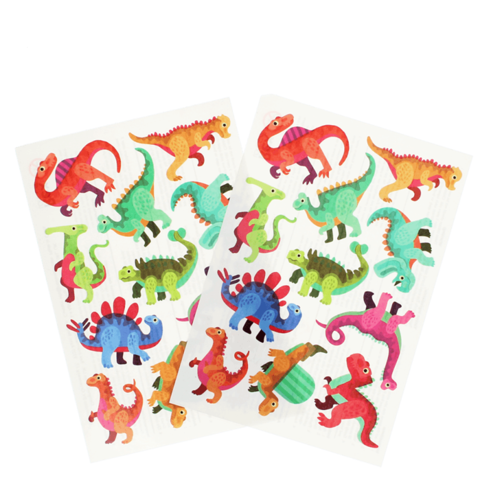 Two sheets of colorful dinosaur stickers on a white background