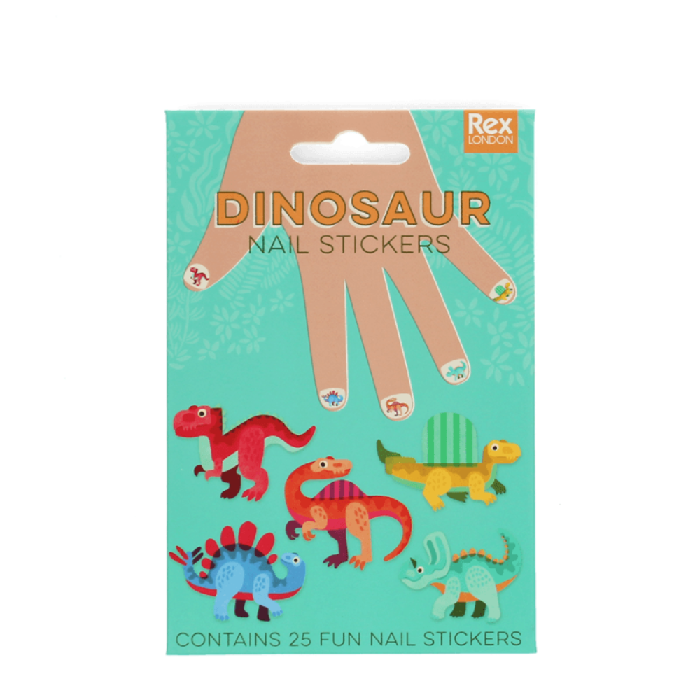 Rex London Dinosaur Nail Stickers in a teal carded packaging with a hand graphic and colorful cartoon dinosaurs.