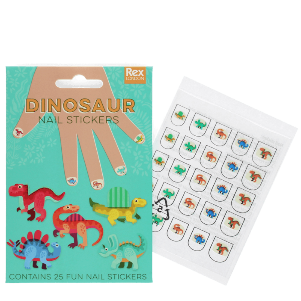 Rex Design dinosaur nail stickers shown with their teal retail packaging and a clear plastic sheet of individual sticker designs on a white background.