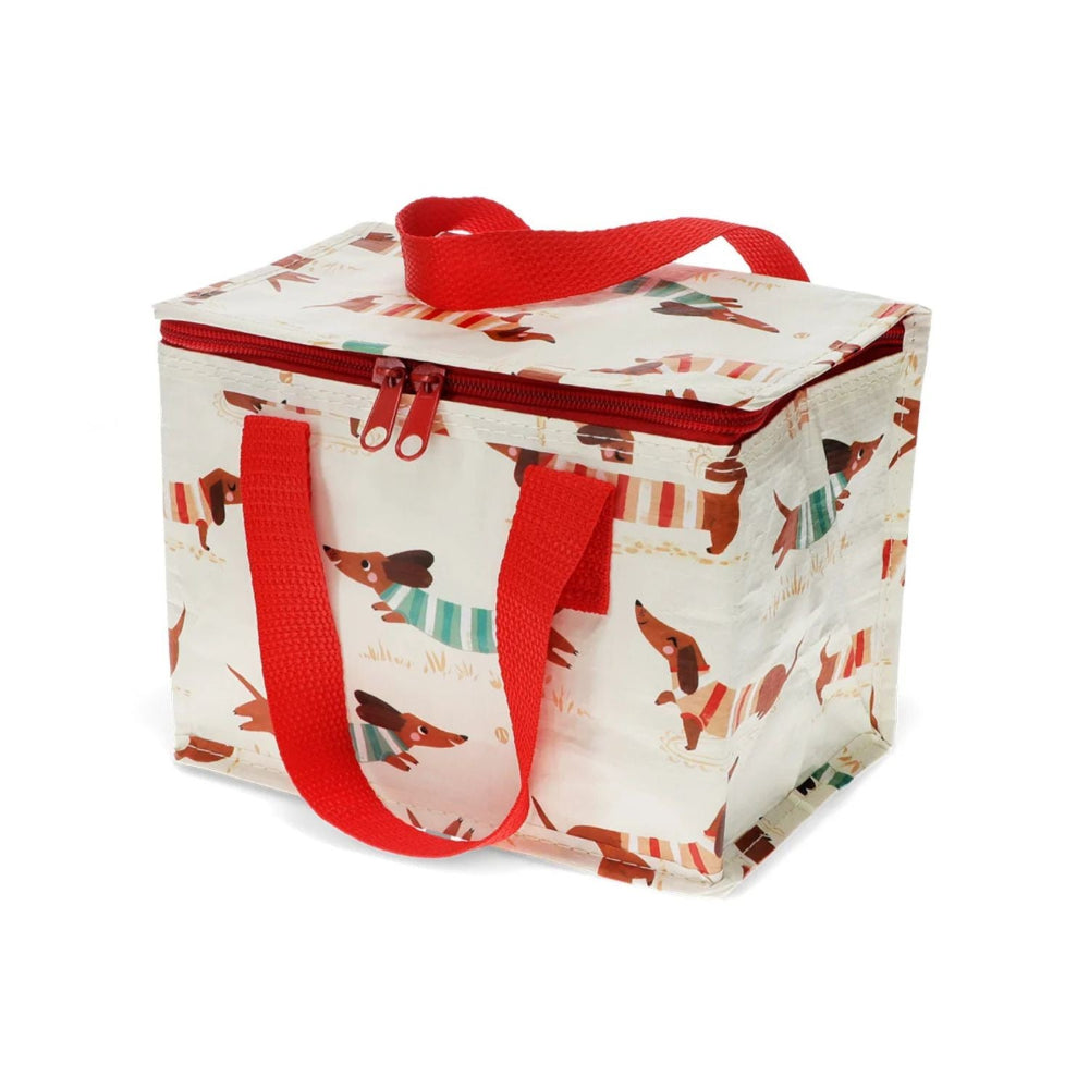 Rex insulated lunch bag with dachshund pattern and red handles 