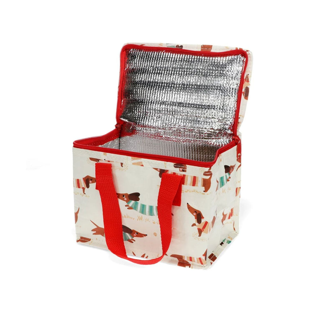 Insulated lunch bag with red handles and dog pattern