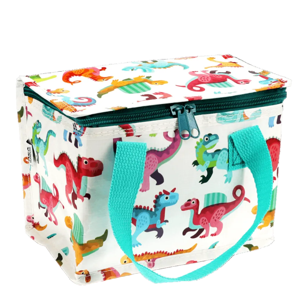Insulated lunch bag with colorful dinosaur pattern on a white background