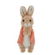 Plush rabbit toy with a pink scarf on a white background