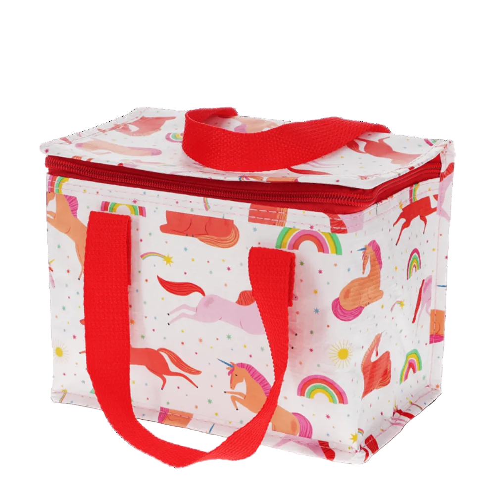 A white insulated lunch bag with a colorful unicorn and rainbow print, featuring bright red handles and a red zipper, shown on a plain white background.
