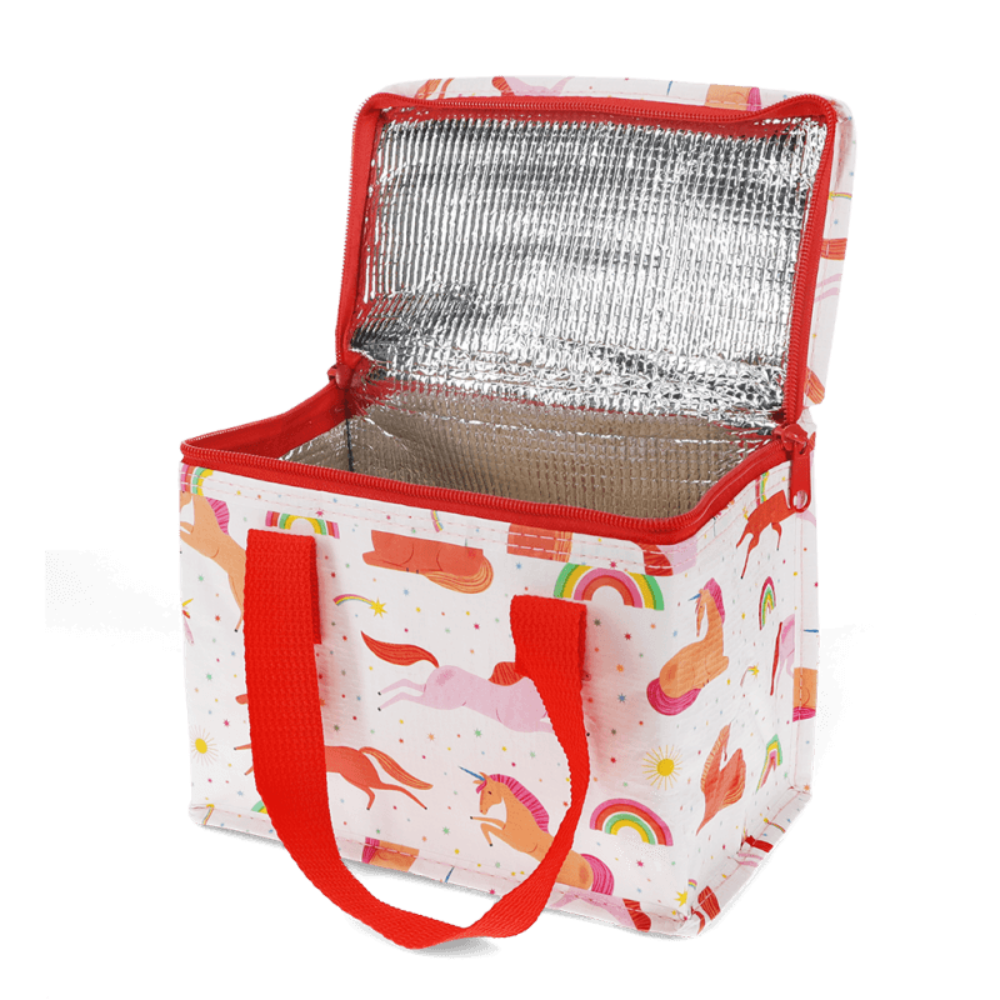 A white insulated lunch bag with a colorful unicorn and rainbow print, featuring bright red handles and a silver reflective lining, shown open on a white background.