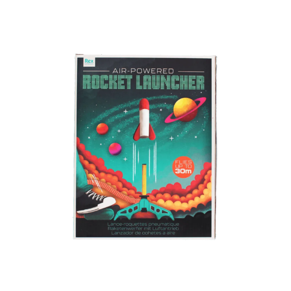 Rex Air-Powered Rocket Launcher toy packaging, featuring a colorful retro illustration of a rocket launching from a sneaker on a starry space background.