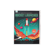 Rex Air-Powered Rocket Launcher toy packaging, featuring a colorful retro illustration of a rocket launching from a sneaker on a starry space background.