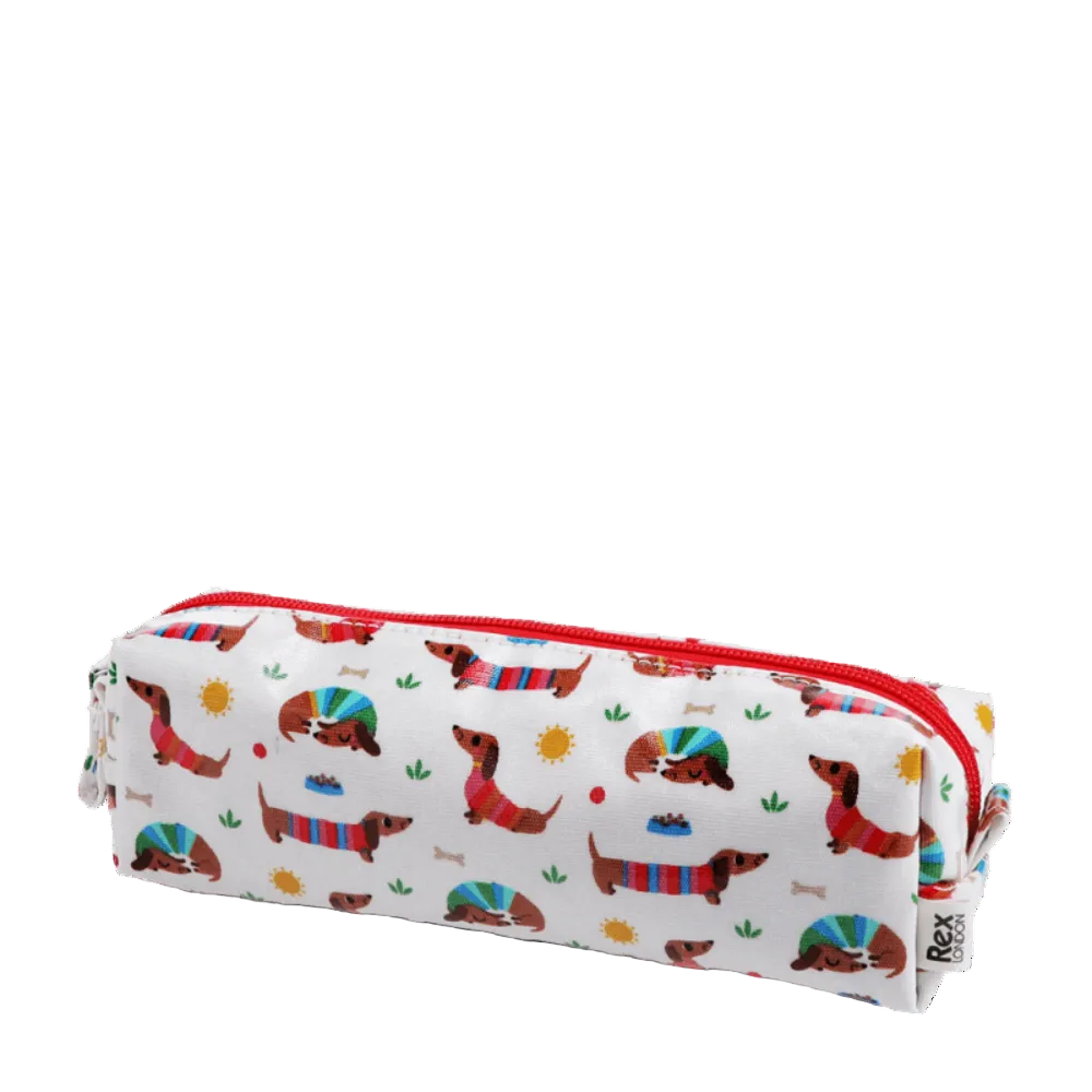 A white zippered pencil case featuring a colorful print of dachshunds, suns, and bones, with a red zipper, shown on a plain white background.