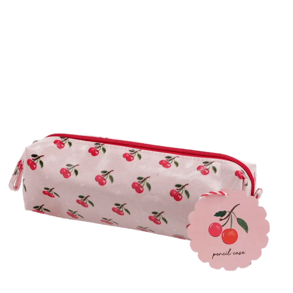 A light pink pencil case with a repeating cherry print, featuring a red zipper and a matching pink paper tag that reads 'pencil case' with a cherry illustration.