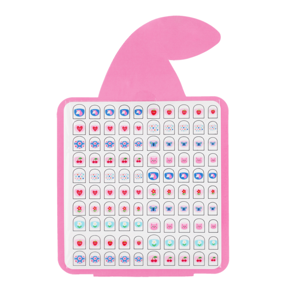 Pink shark-shaped sticker organizer with a grid of small decorative stickers inside, shown on a plain white background.