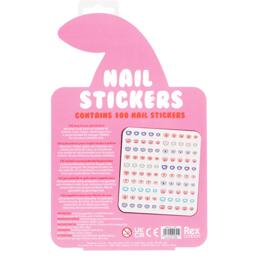 Pink Rex London nail sticker packaging with a spray-bottle-shaped backing card, showing the text 'NAIL STICKERS' and a sample grid of assorted nail stickers.