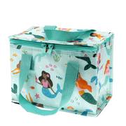 A square insulated lunch bag with a mermaid-themed print, featuring a mint green base with colorful cartoon mermaids, sea life, and sea plants. It has two teal webbed handles and a matching teal zipper closure, shown on a plain white background.