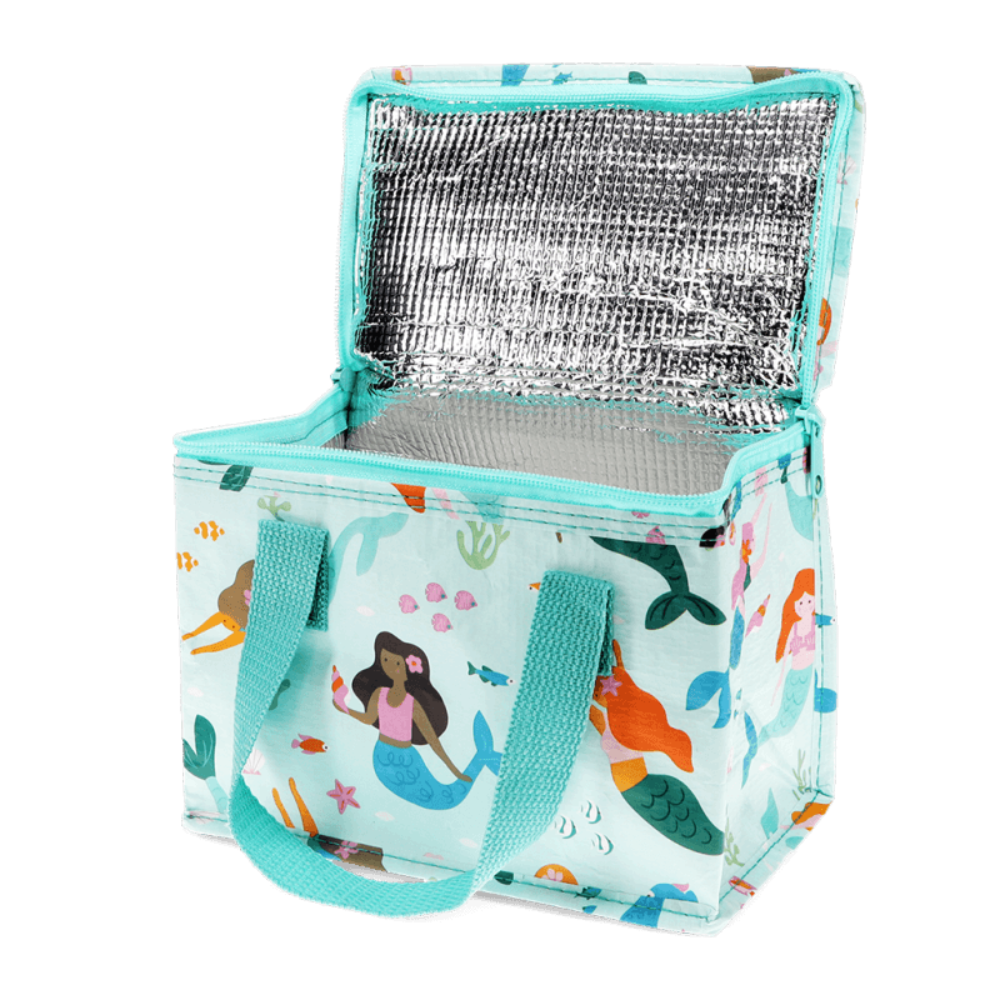 A light blue insulated lunch bag with a mermaid and sea creature print, featuring turquoise handles and a silver reflective lining inside the open top.