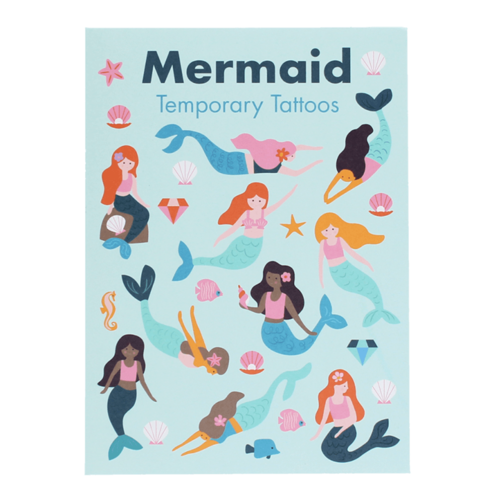 Mermaid Temporary Tattoos sheet featuring colorful cartoon mermaids, shells, stars, and diamonds on a light blue background.