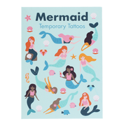 Mermaid Temporary Tattoos sheet featuring colorful cartoon mermaids, shells, stars, and diamonds on a light blue background.
