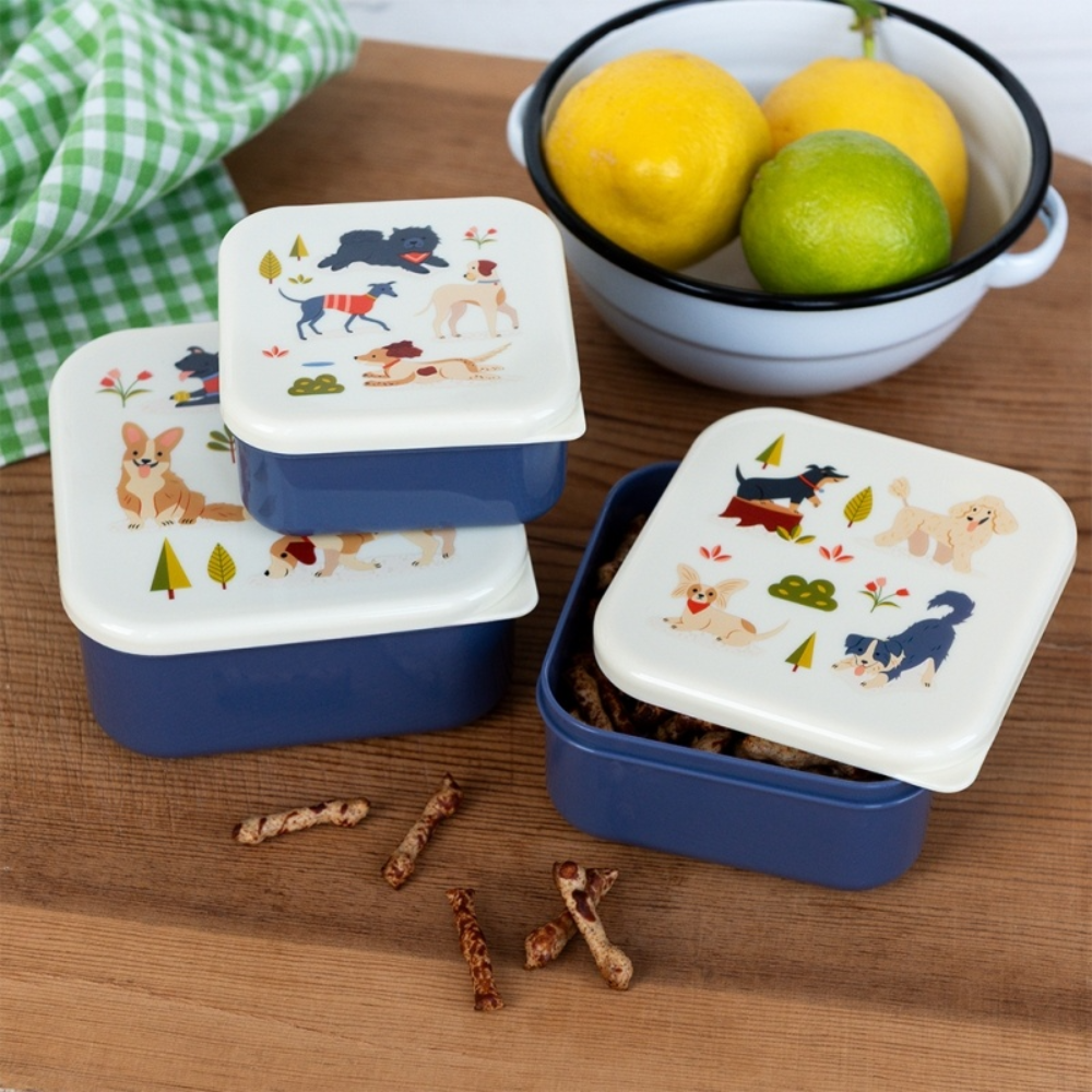 Set of blue snack containers with animal illustrations on a wooden surface with a bowl of fruit in the background.