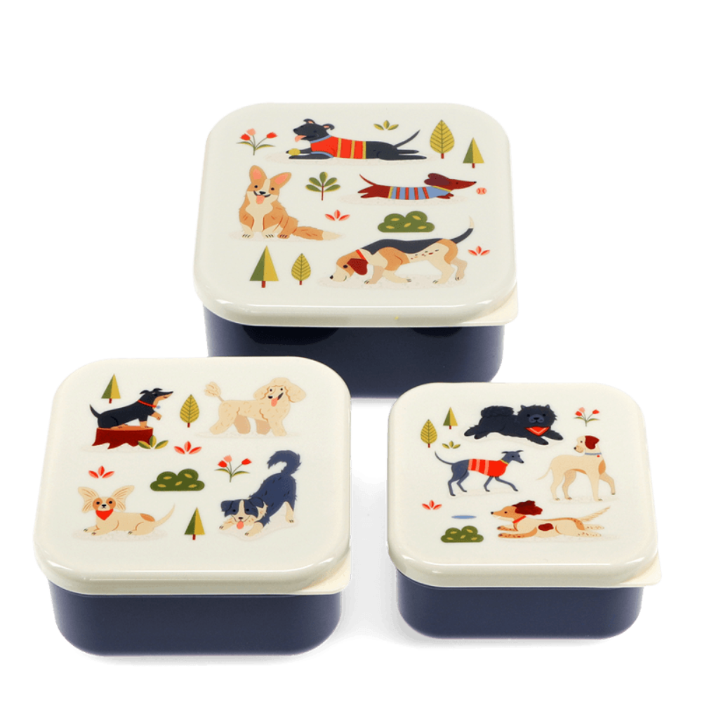 Three square lunch boxes with matching lids arranged on a white background. The boxes have dark navy blue bases and cream-colored lids decorated with colorful illustrations of various dog breeds, trees, and small flowers.