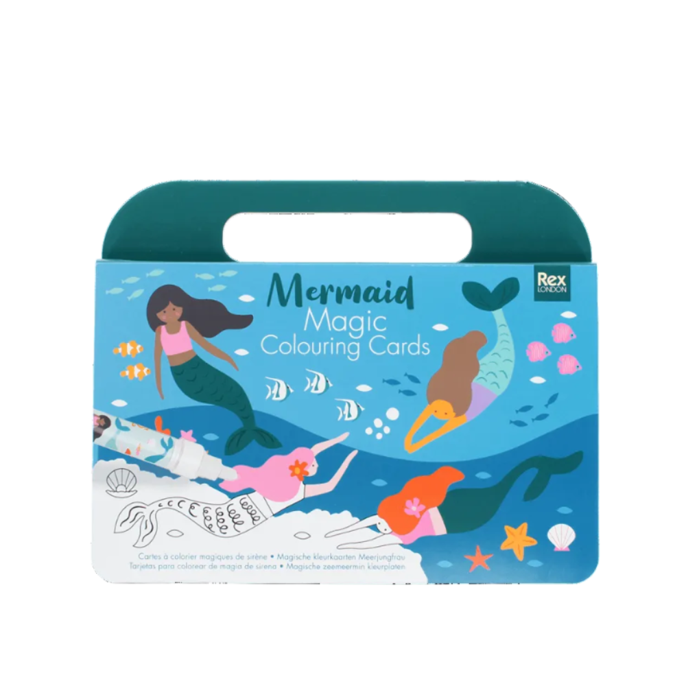 Mermaid Magic Colouring Cards in a teal carrying box with illustrated mermaids, fish, and sea life on the front.