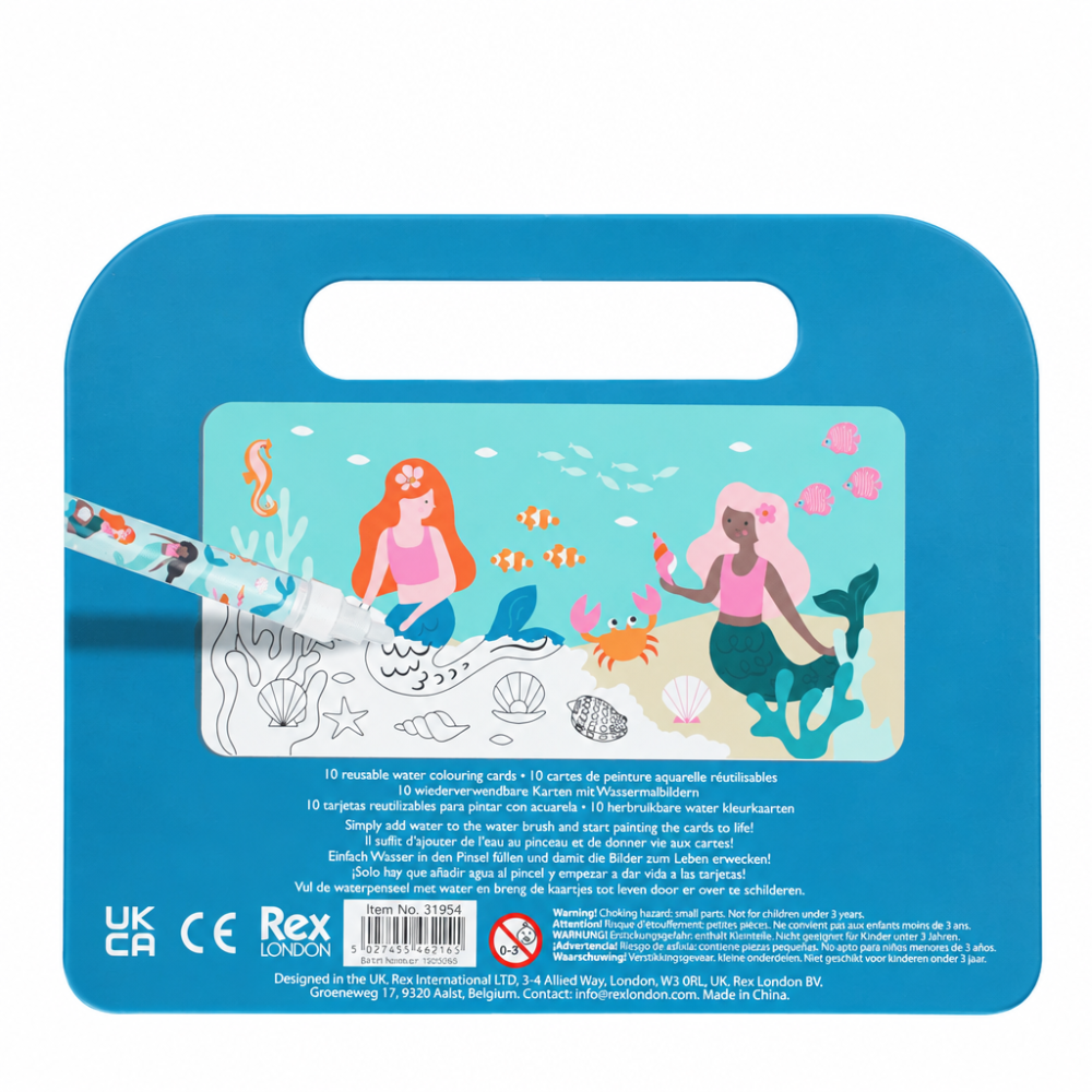 A packaged watercolor card set by Rex London, featuring a blue card holder with a handle cutout and an underwater illustration on the front. A watercolor card is partially pulled from the left side, showing printed mermaids, fish, and sea life.