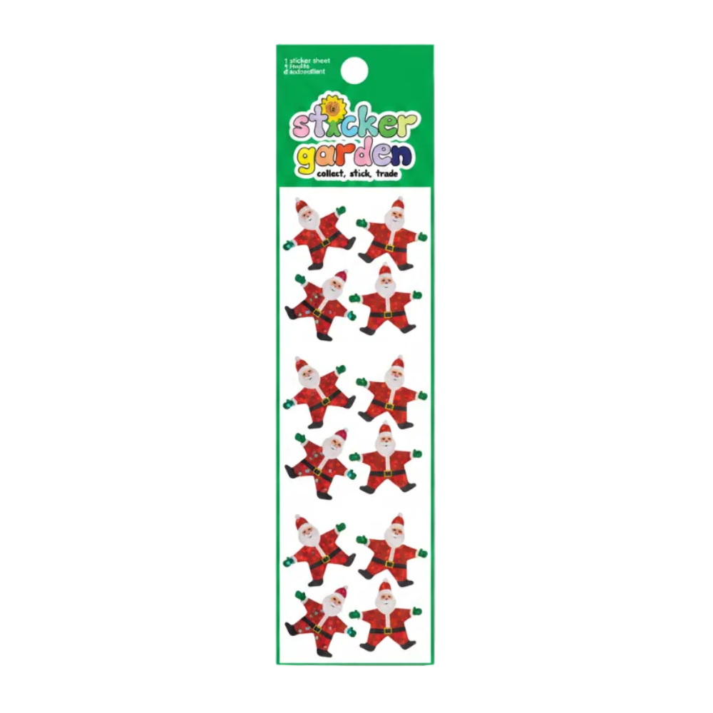A sheet of Santa Claus stickers on a green 'Sticker Garden' card next to four loose Santa stickers on a white background.