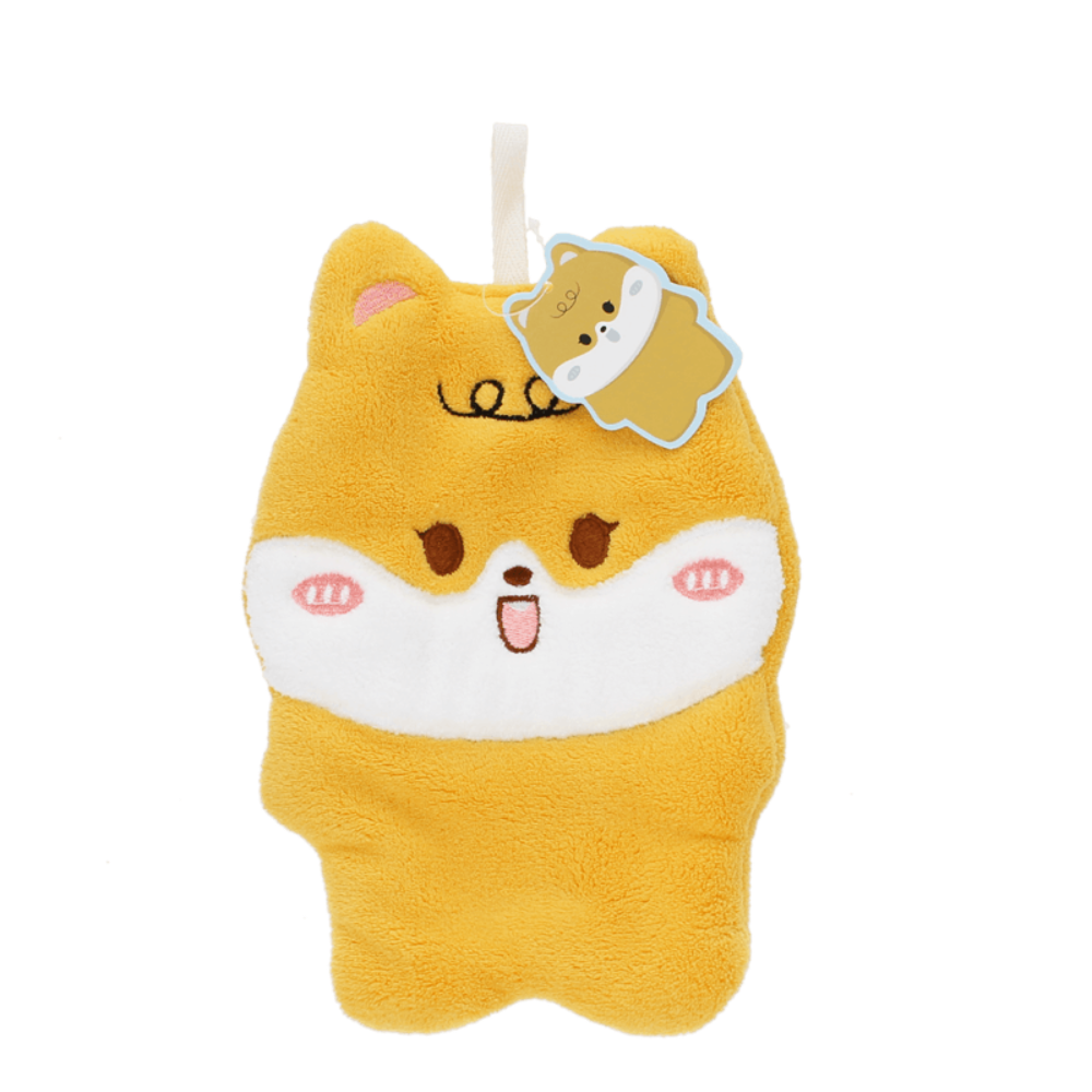 A yellow and white plush dog-shaped bath mat with a cute cartoon face, pink cheeks, and a small hanging tag, shown on a plain white background.