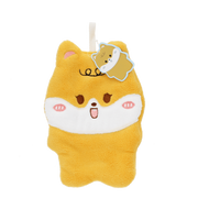 A yellow and white plush dog-shaped bath mat with a cute cartoon face, pink cheeks, and a small hanging tag, shown on a plain white background.