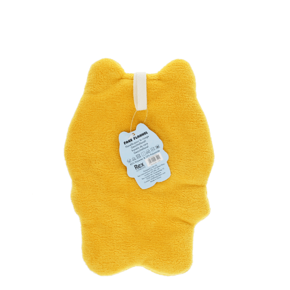 A yellow plush cat-shaped bath towel with a white hanging tag, photographed against a solid white background.