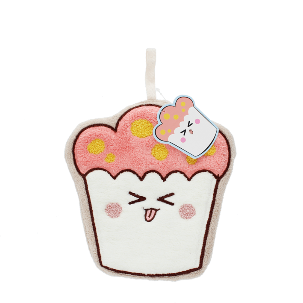 A plush cupcake-shaped cleaning sponge with pink frosting, yellow sprinkles, and a cute winking face. It features a white handle and a hanging tag with a cartoon illustration, set against a plain white background.