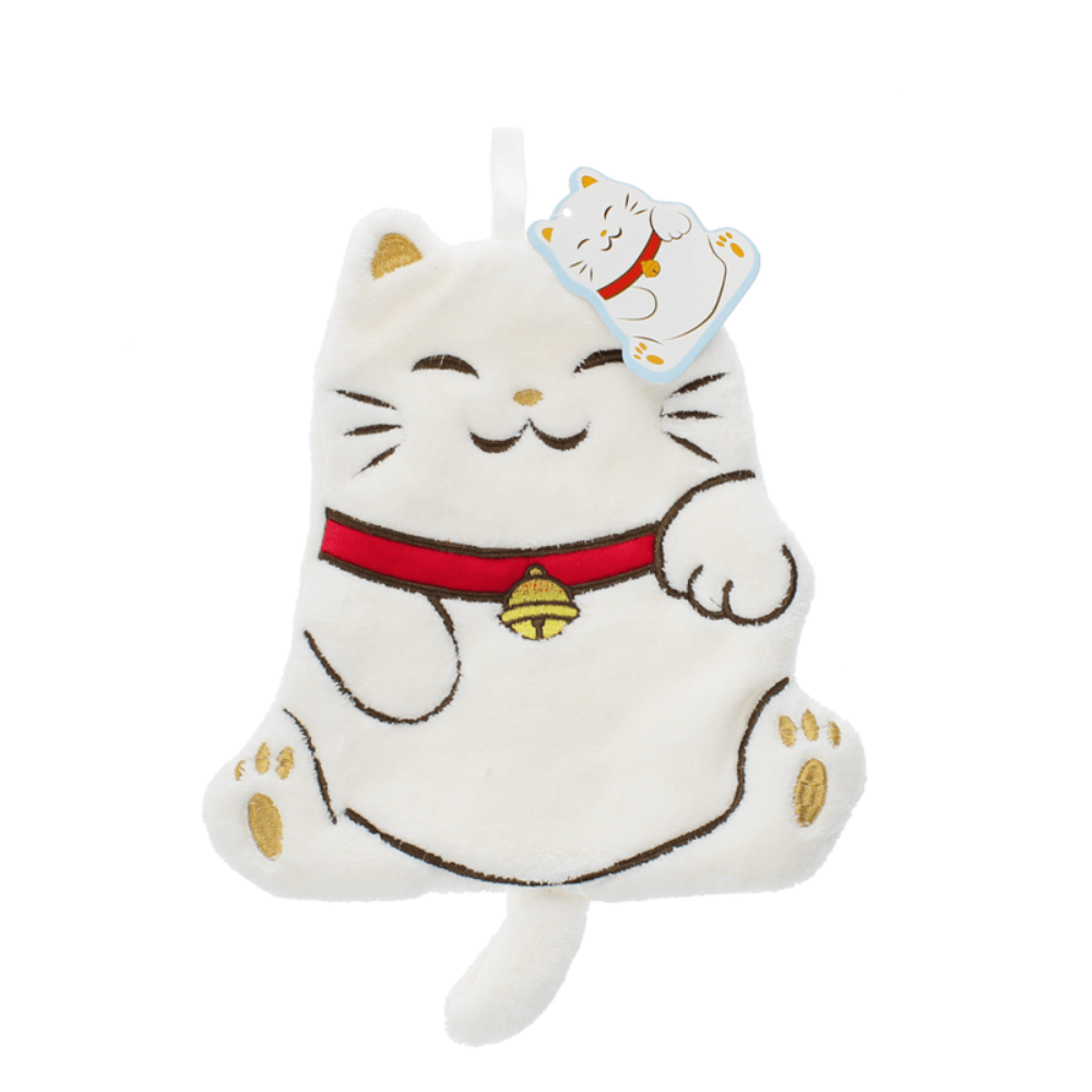 A white plush cat-shaped hanging ornament or pouch with embroidered facial features, a red collar, and gold bell and paw details, shown on a plain white background with a small hanging tag attached.
