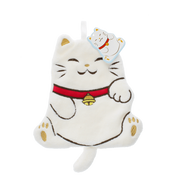A white plush cat-shaped hanging ornament or pouch with embroidered facial features, a red collar, and gold bell and paw details, shown on a plain white background with a small hanging tag attached.