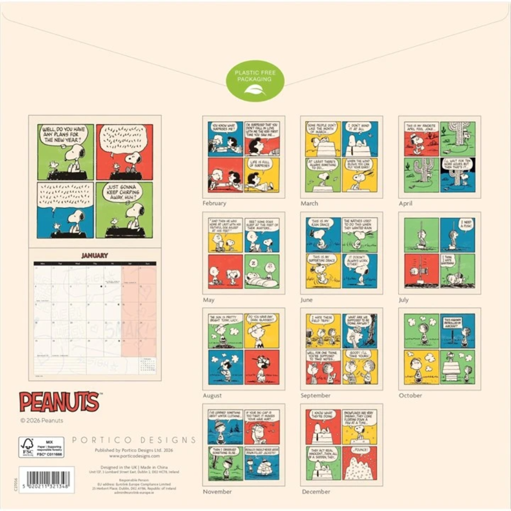 Peanuts-themed calendar with comic strip panels on a beige background