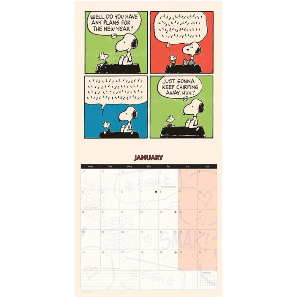 Snoopy January wall calendar page featuring a four-panel comic at the top and a monthly calendar grid below on a cream background.