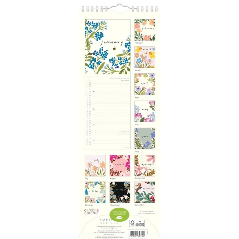 A tall package of Coraline Designs floral planner stickers, featuring a large blue floral January page and multiple smaller monthly sticker designs in soft pastel and dark tones.