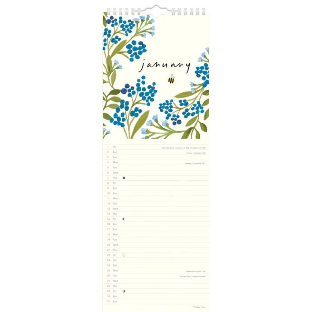 A January wall calendar page with a cream background, blue floral illustration at the top, a small bee, and lined writing area for dates and notes.