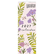 Caroline Gardner 2027 wall calendar featuring a pastel pink cover decorated with watercolor green leaves, purple flowers, and small dragonflies.