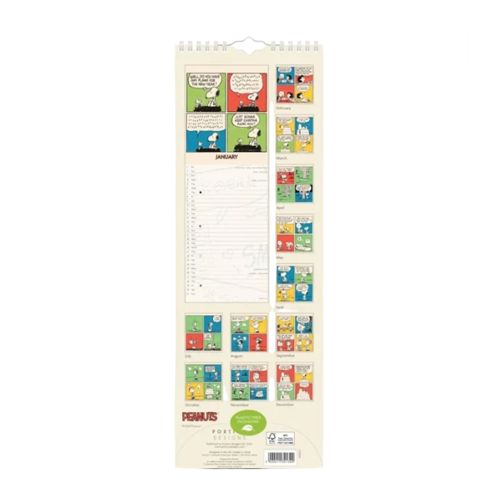 Peanuts-themed wall calendar with comic strip illustrations on a white background