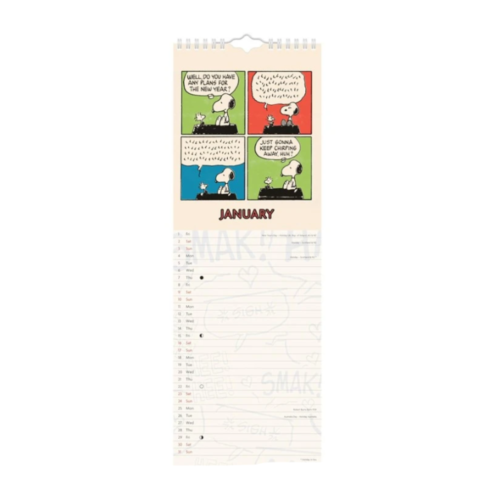 Peanuts-themed calendar with Snoopy and Woodstock comic strip on a white background