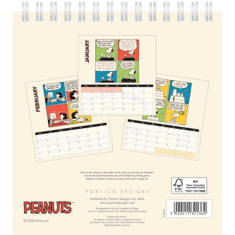 Back cover of a Portico Designs Peanuts spiral-bound notepad, showing sample monthly calendar pages with cartoon characters, product text, and a barcode on a cream background.